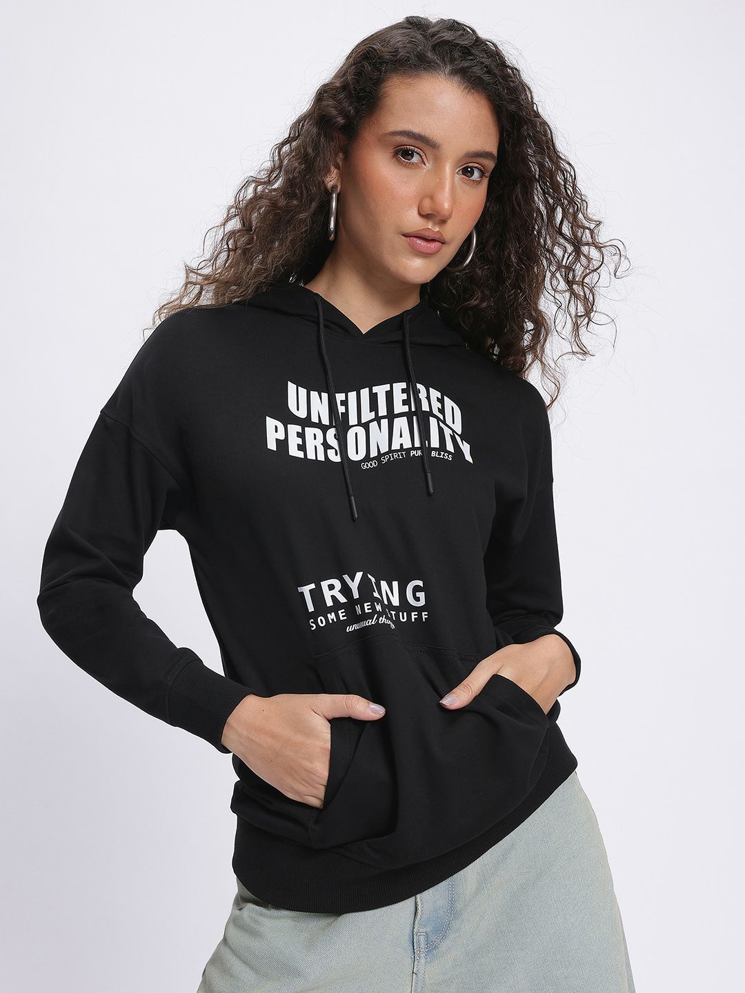 DressBerry Monochrome Typography Print Hooded Drop-Shoulder Sweatshirt