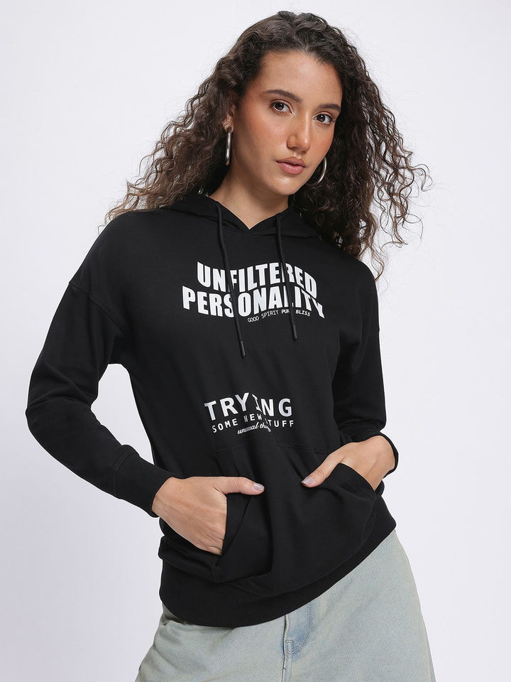 DressBerry Monochrome Typography Print Hooded Drop-Shoulder Sweatshirt
