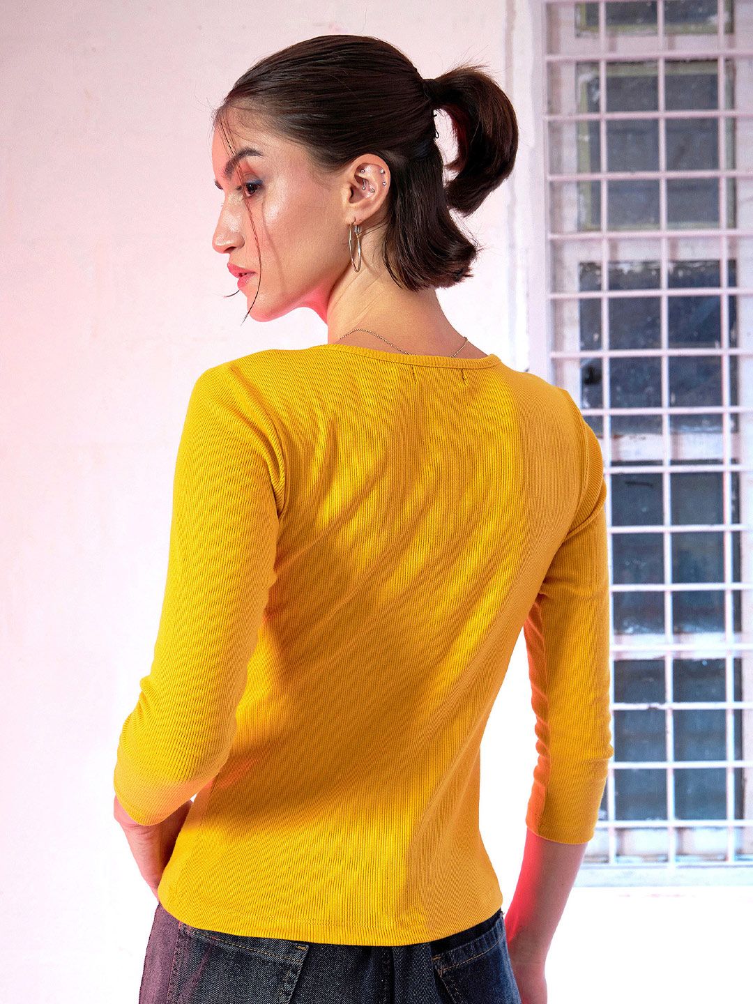 SASSAFRAS Women Mustard Yellow Ribbed Round Neck T-shirt