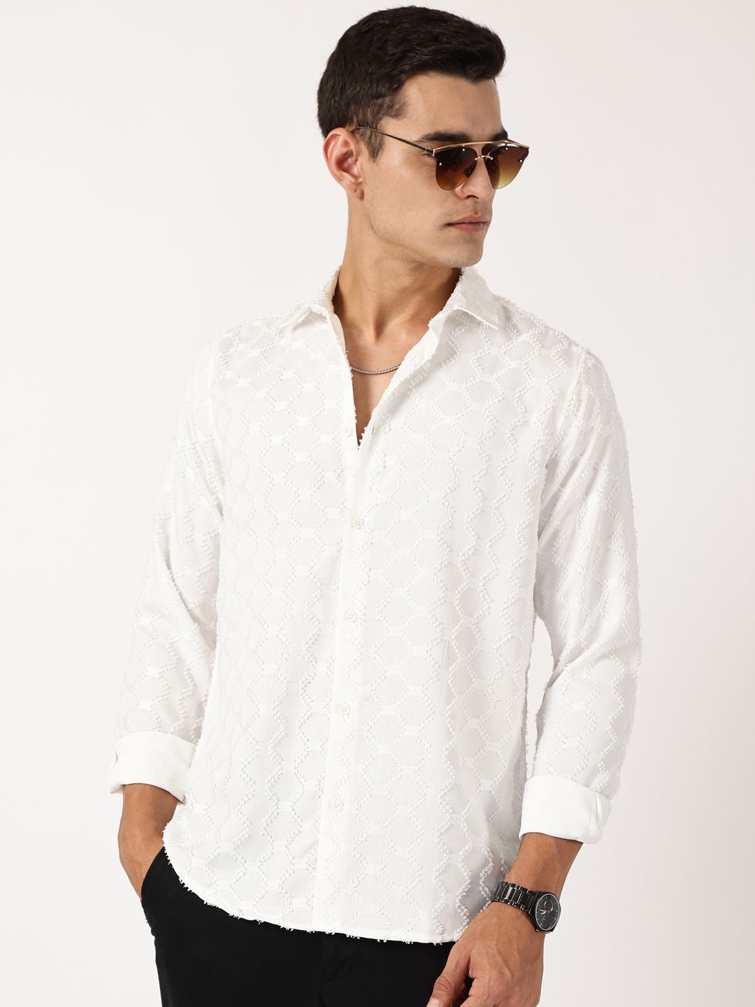 Thomas Scott Men Premium Fit Spread Collar Textured Casual Shirt