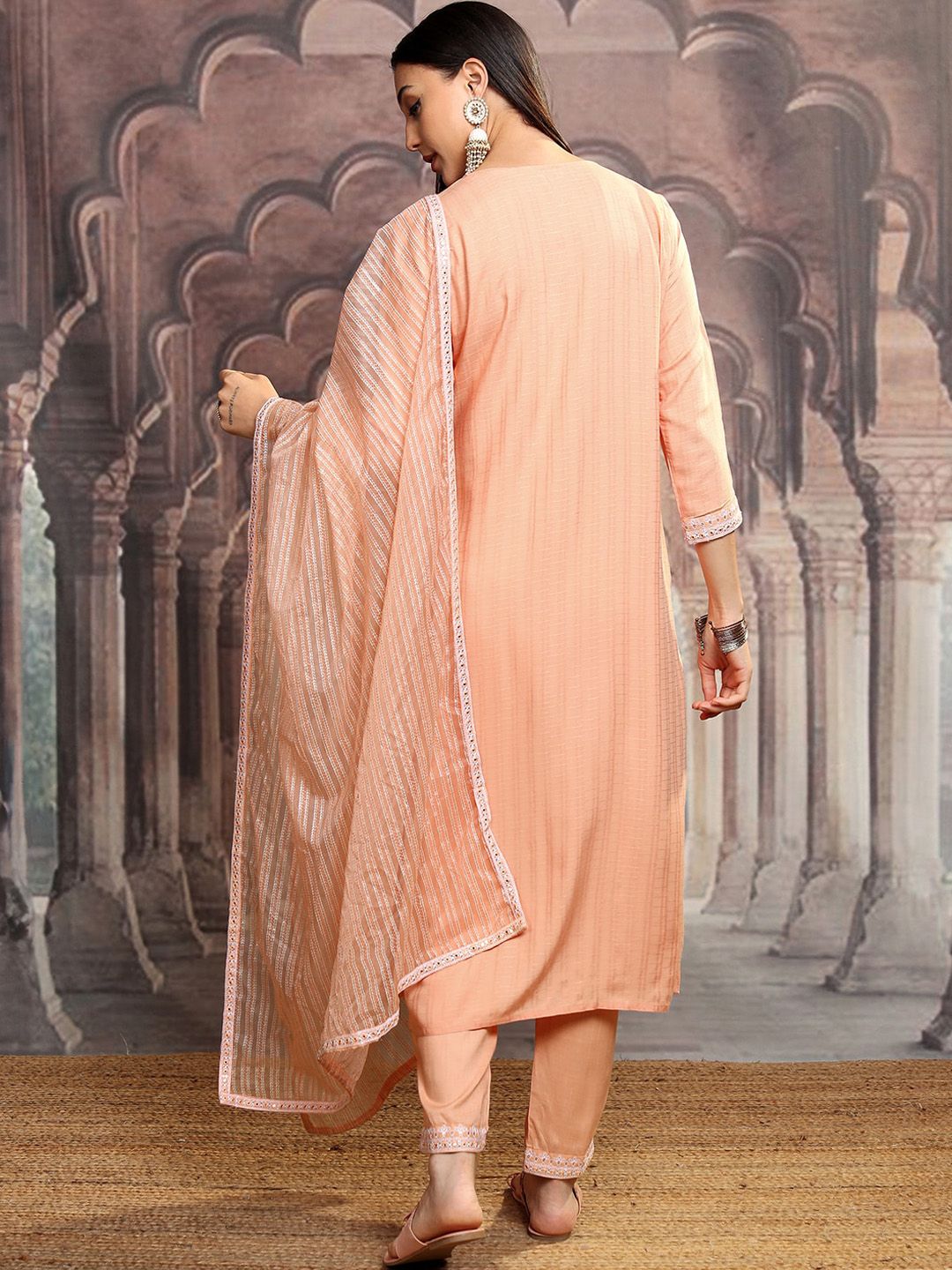 Vishudh Orange Ethnic Motifs Embroidered Thread Work Kurta with Trousers & Dupatta