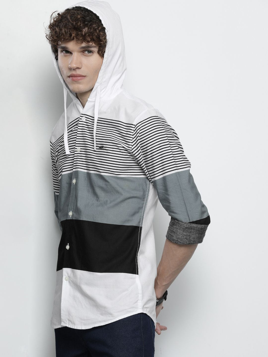 The Indian Garage Co Men Pure Cotton White & Grey Horizontal Striped Casual Shirt