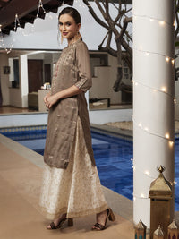 Global Desi Women White & Gold-Toned Floral Printed Flared Trousers