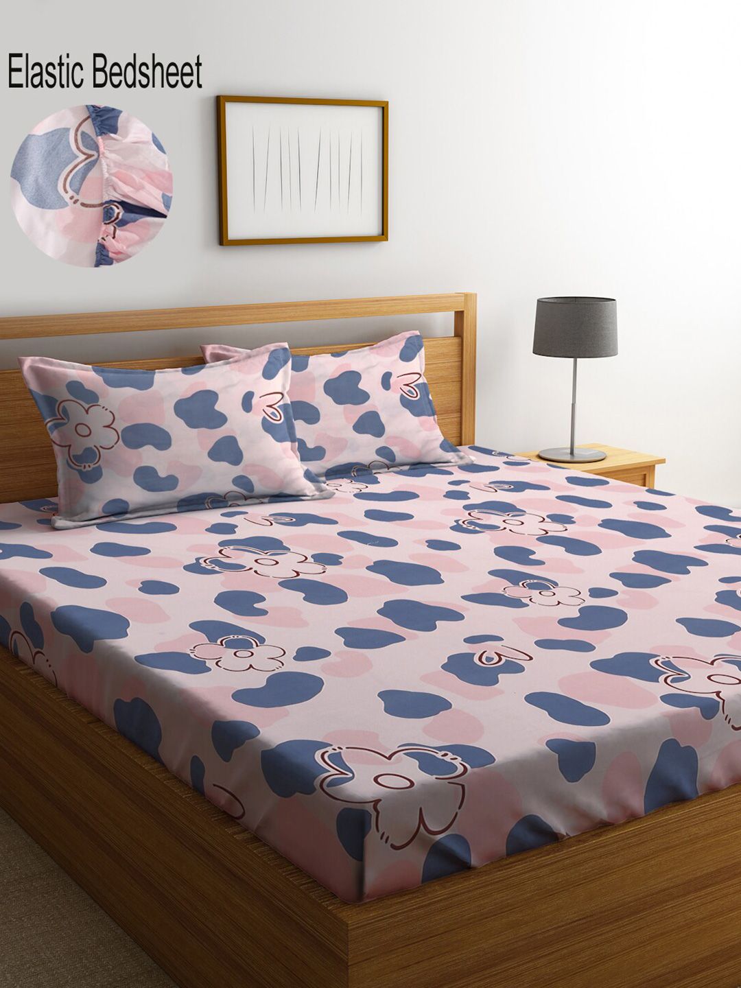 KLOTTHE Pink Floral Polycotton 300 TC Fitted King Fine Bedsheet with 2 Pillow Covers-96 x 89 inches
