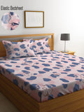 KLOTTHE Pink Floral Polycotton 300 TC Fitted King Fine Bedsheet with 2 Pillow Covers-96 x 89 inches