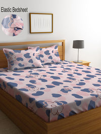 KLOTTHE Pink Floral Polycotton 300 TC Fitted King Fine Bedsheet with 2 Pillow Covers-96 x 89 inches