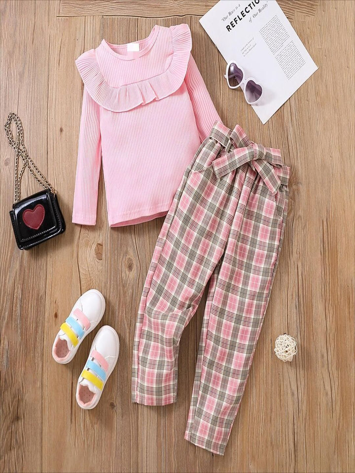 YK Girls Long Sleeves Top With Checked Trousers Clothing Set