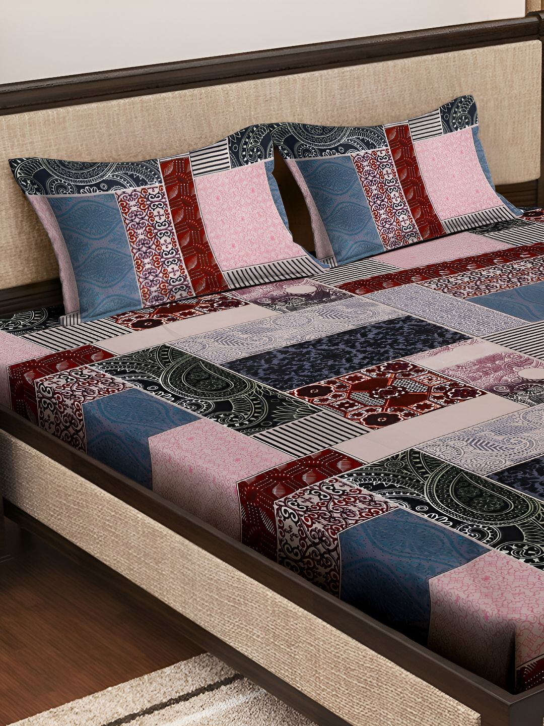 KLOTTHE Red & Pink Abstract Printed 300 TC Fitted Double King Bedsheet With 2 Pillow Cover