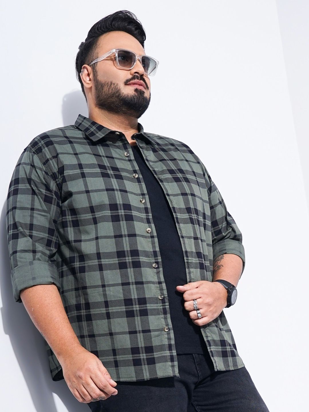 The Indian Garage Co Plus Size Windowpane Checked Cotton Casual Shirt