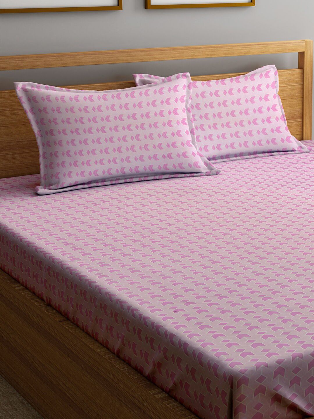 KLOTTHE Pink Cotton 300 TC Fitted Double Fine Bedsheet with 2 Pillow Covers-250 x 220 cm