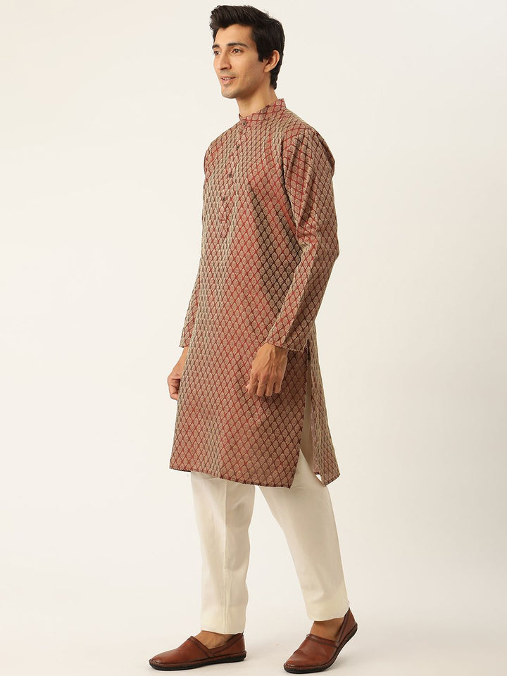 SOJANYA Men Maroon & Off-White Woven Design Kurta with Pyjamas & Nehru Jacket
