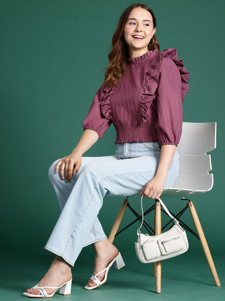 DressBerry Puff Sleeves Ruffled Blouson Top