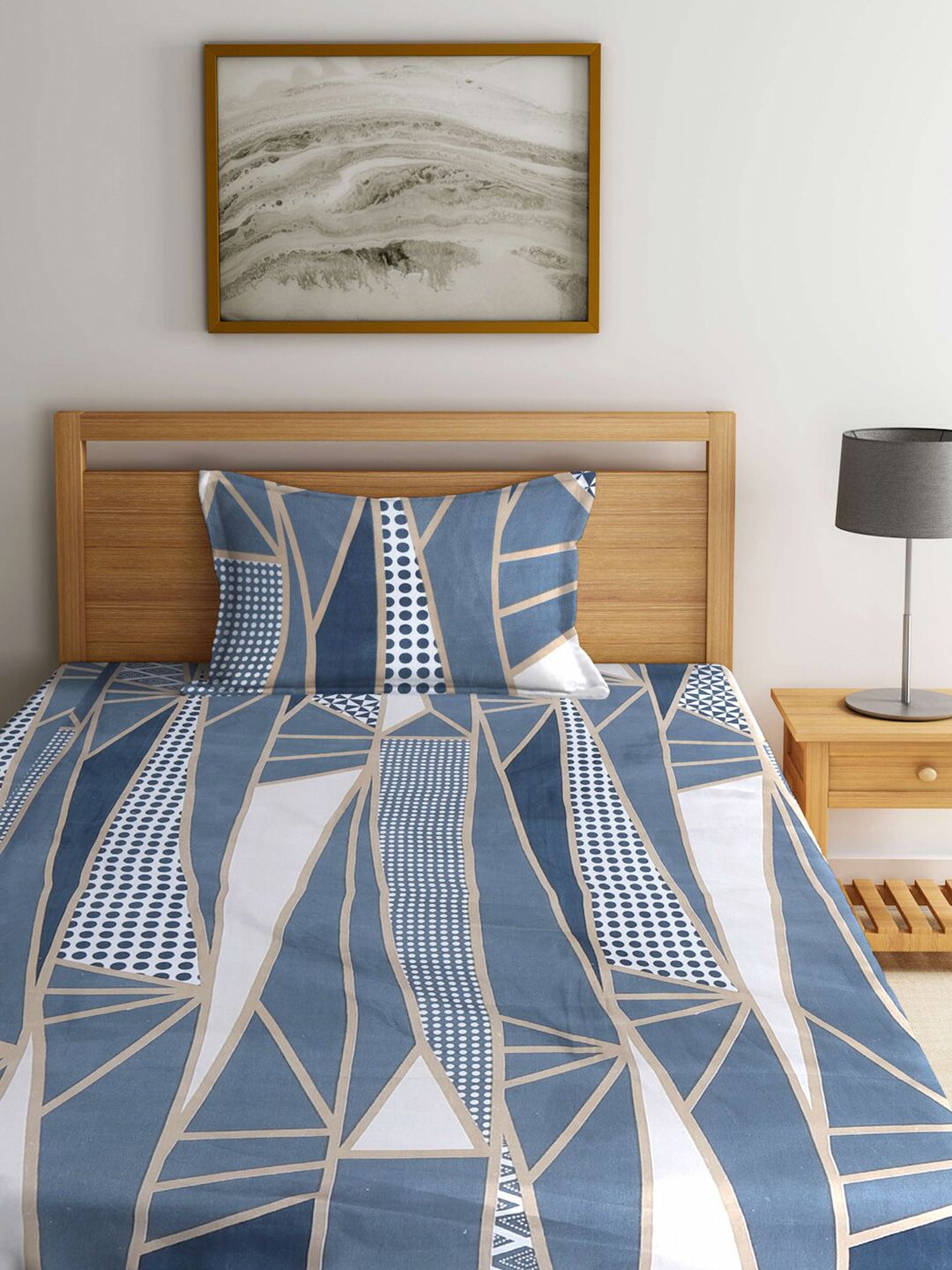 KLOTTHE Book Fold Grey & White Geometric 300 TC Single Bedsheet With 1 Pillow Cover