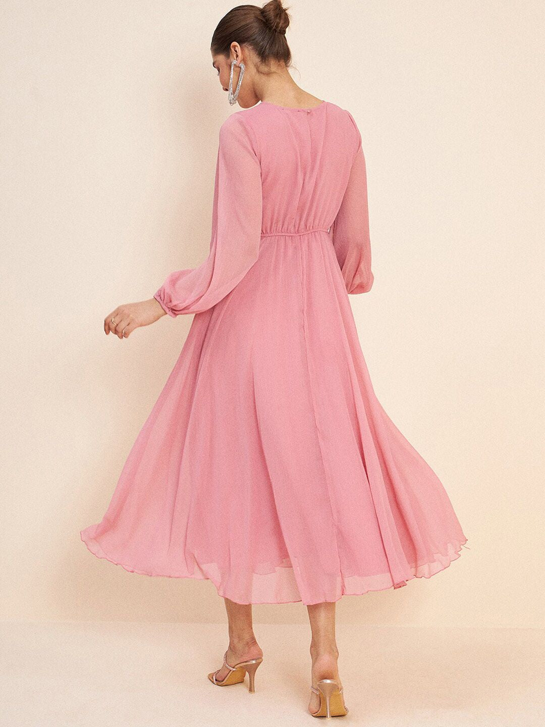 Antheaa Pink Embellished Puff Sleeves Gathered Fit & Flare Midi Dress