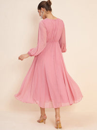 Antheaa Pink Embellished Puff Sleeves Gathered Fit & Flare Midi Dress