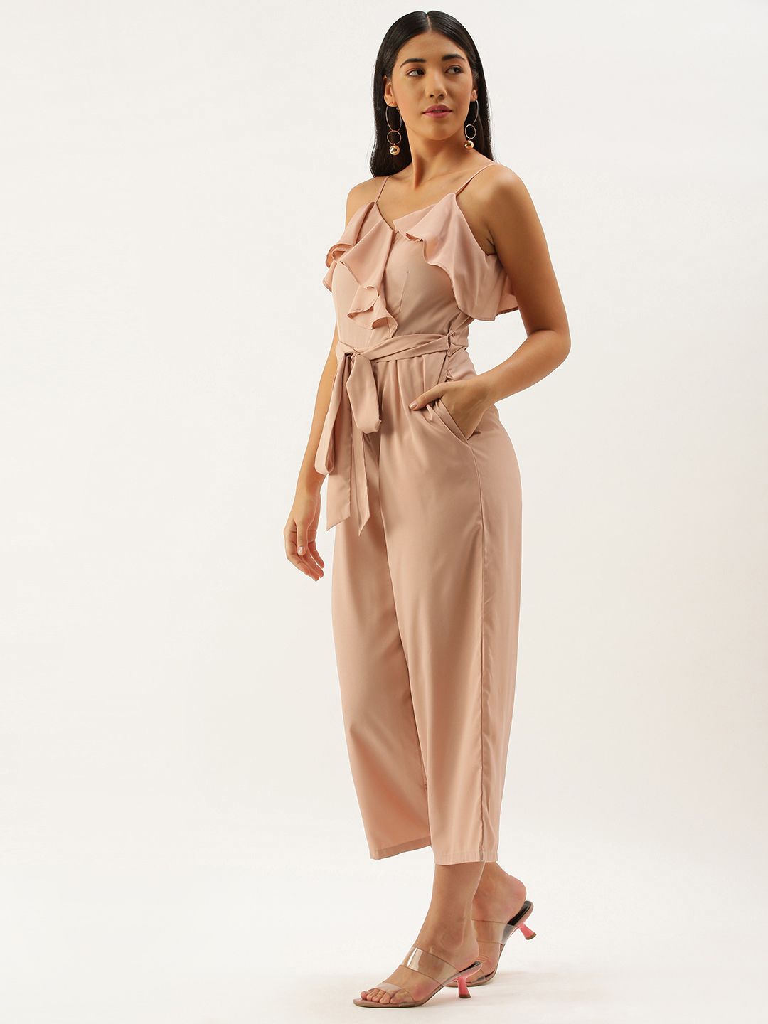 Berrylush Women Coral Pink Solid Ruffled Basic Jumpsuit