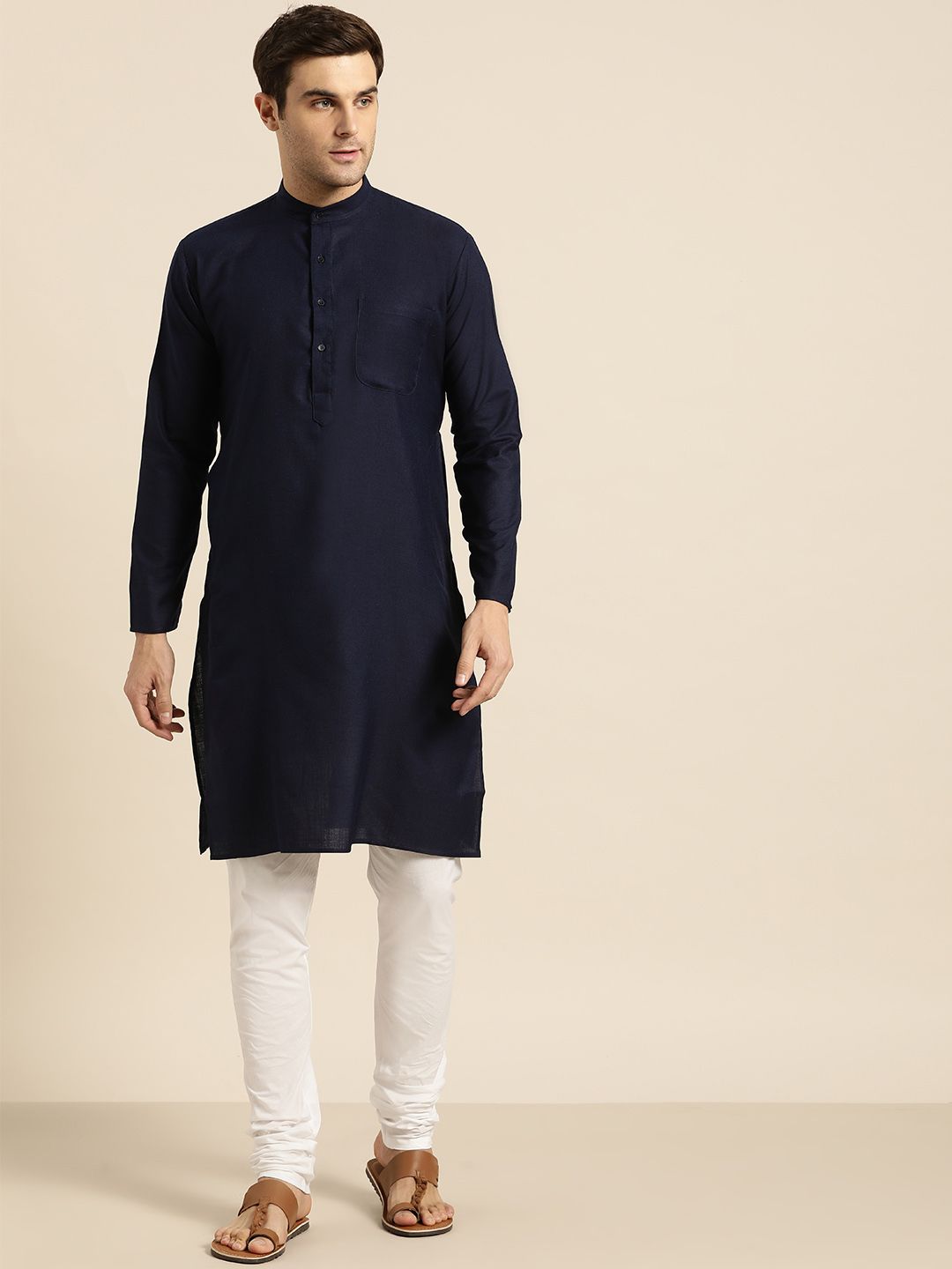 SOJANYA Men Navy Blue Solid Straight Kurta