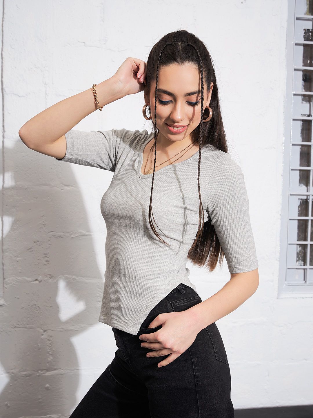 SASSAFRAS Grey Fitted Cotton Top