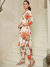 Indo Era Floral Printed V-Neck Pure Cotton Straight Kurta with Trousers