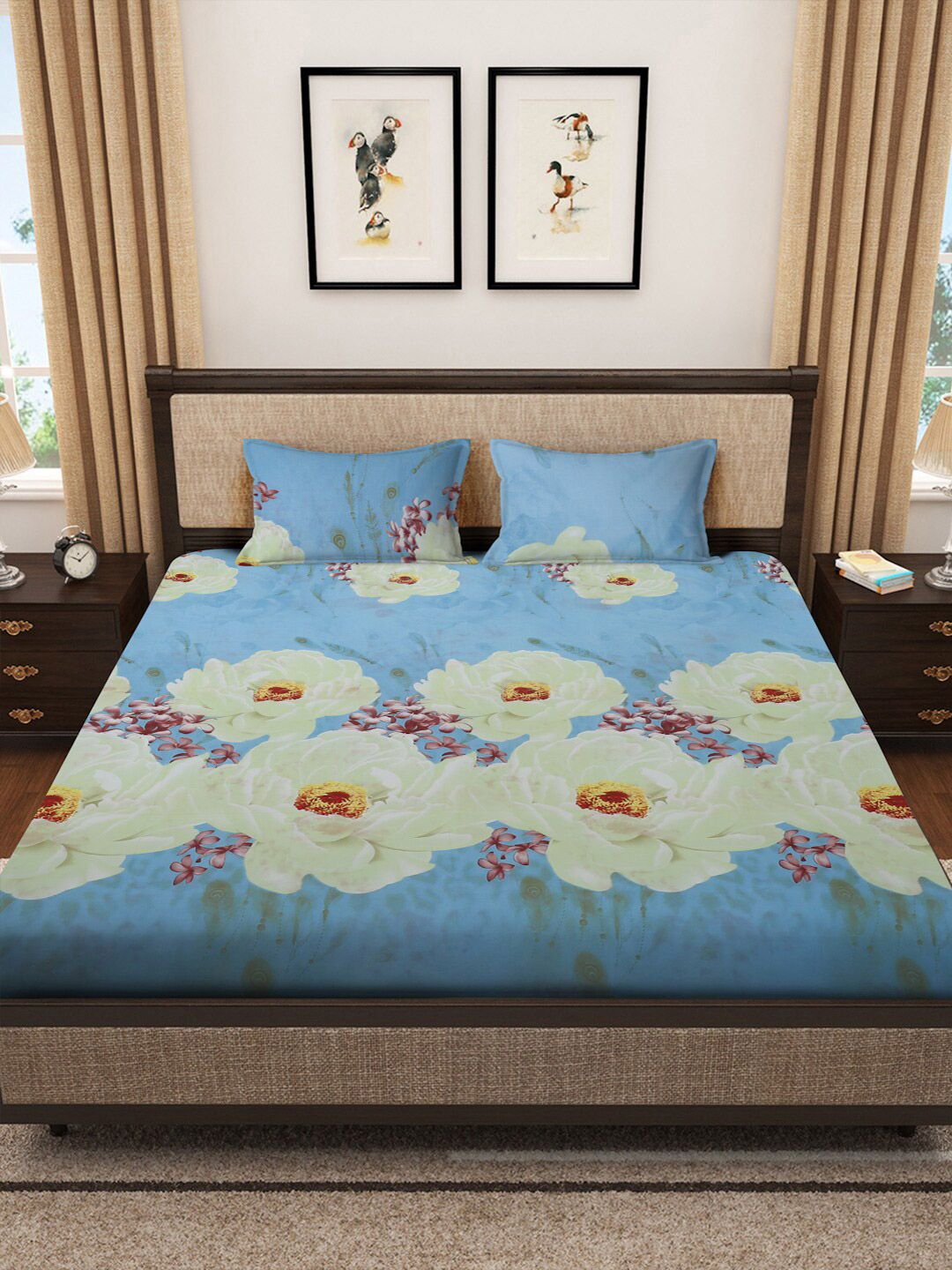 KLOTTHE Blue Floral Polycotton 300 TC King Fine Bedsheet dengan 2 Sarung Bantal-98 x 89 inci