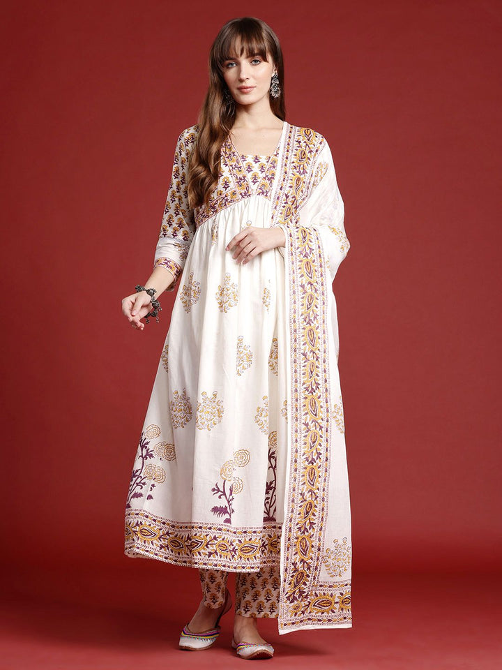 Indo Era Ethnic Motifs Printed Empire Mirror Work Pure Cotton Kurta Set