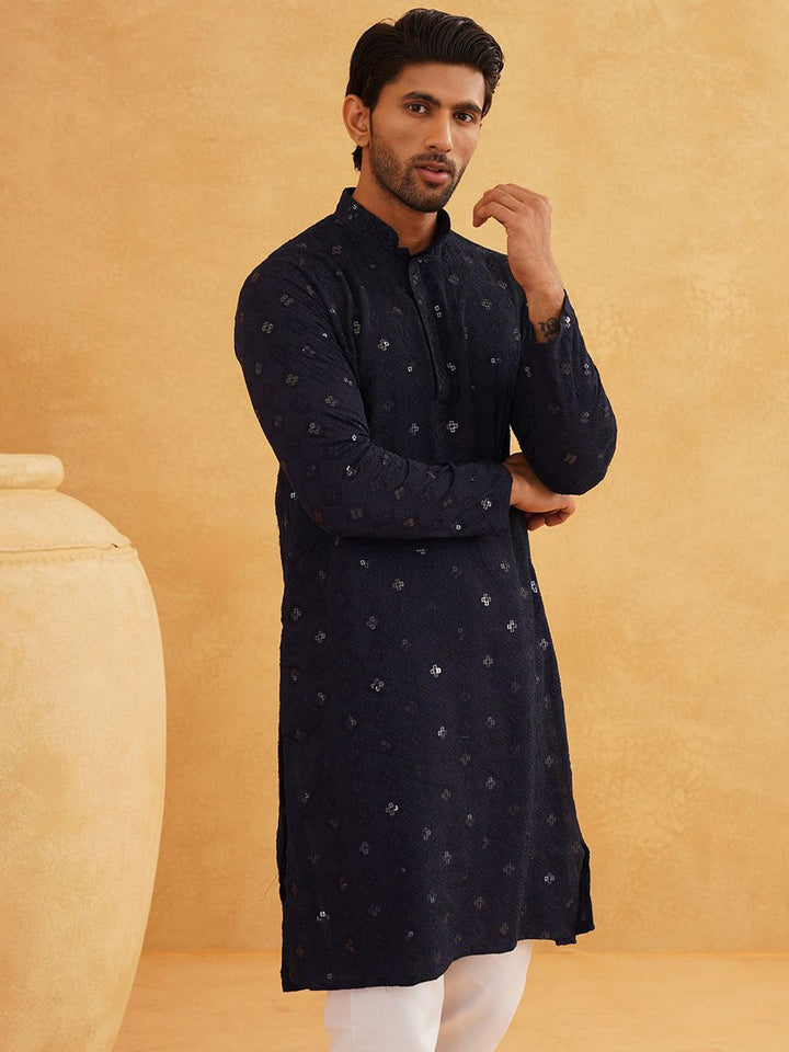 SOJANYA Geometric Embroidered Mandarin Collar Sequinned Pure Cotton Kurta With Churidar