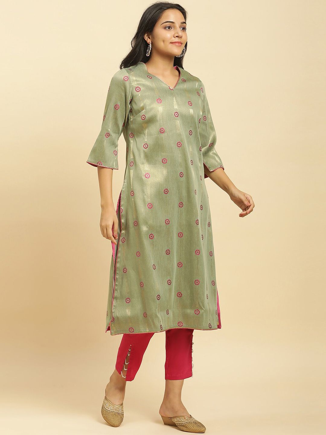 W Floral Woven Design V-Neck Three-Quarter Sleeve Gotta Patti Kurta
