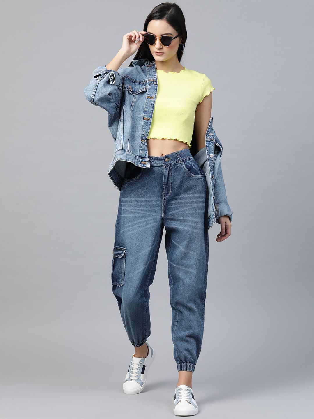 SASSAFRAS Women Blue Pure Cotton Jogger High-Rise Non-Stretchable Clean Look Jeans