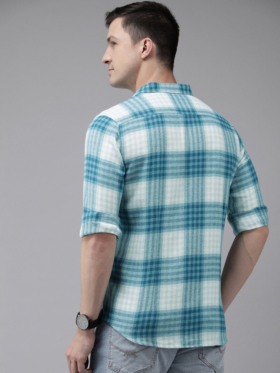 THE BEAR HOUSE Men Blue & White Pure Cotton Slim Fit Tartan Checks Checked Casual Shirt