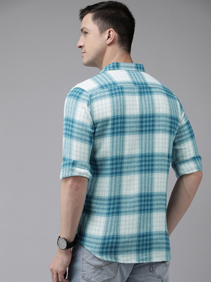 THE BEAR HOUSE Men Blue & White Pure Cotton Slim Fit Tartan Checks Checked Casual Shirt