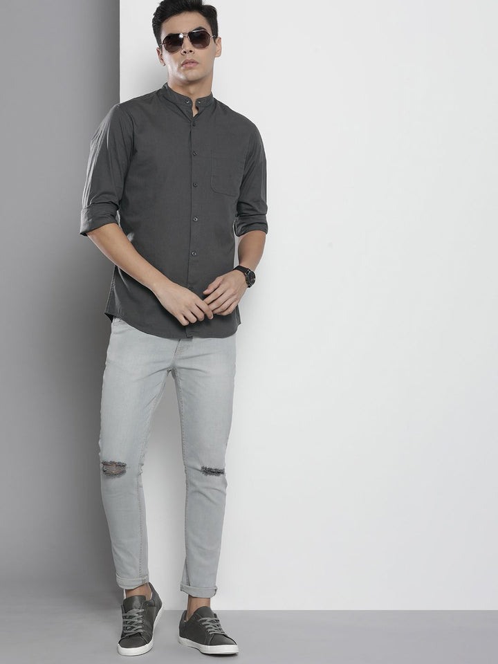The Indian Garage Co Men Grey Mandarin Collar Casual Shirt