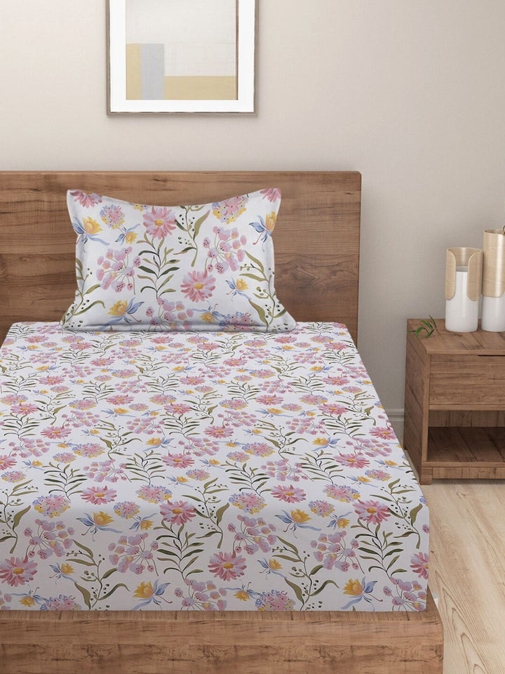 HOSTA HOMES White & Green Floral 210 TC Flat Cotton Single Bedsheet & 1 Pillow Cover