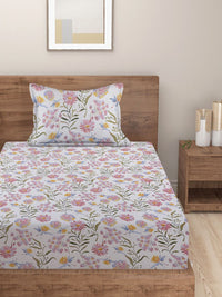 HOSTA HOMES White & Green Floral 210 TC Flat Cotton Single Bedsheet & 1 Pillow Cover