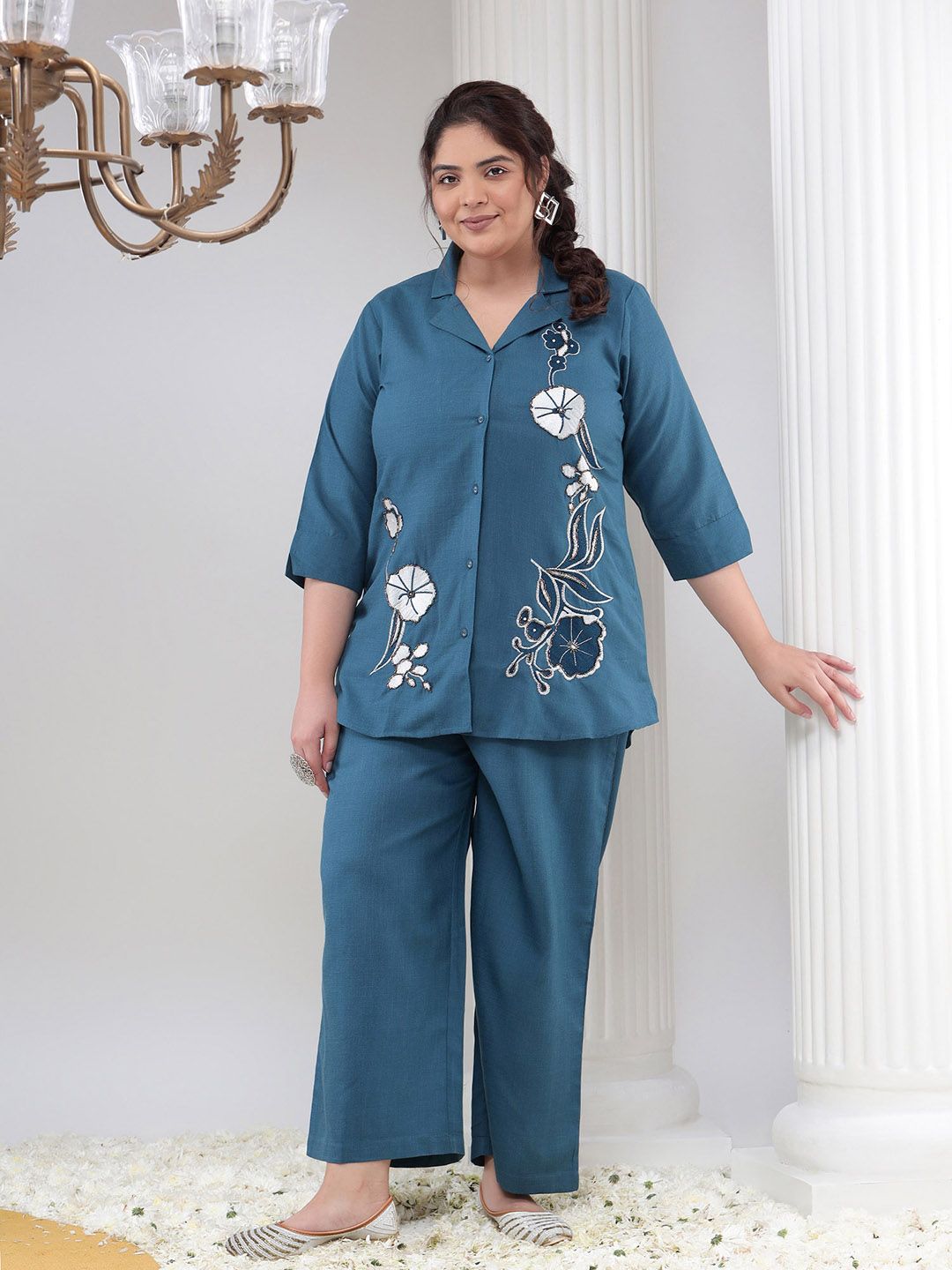 Bani Women Plus Size Floral Embroidered Shirt and Palazzos