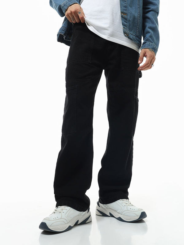 Bewakoof Men's Black Baggy Carpenter Mid-Rise Jeans