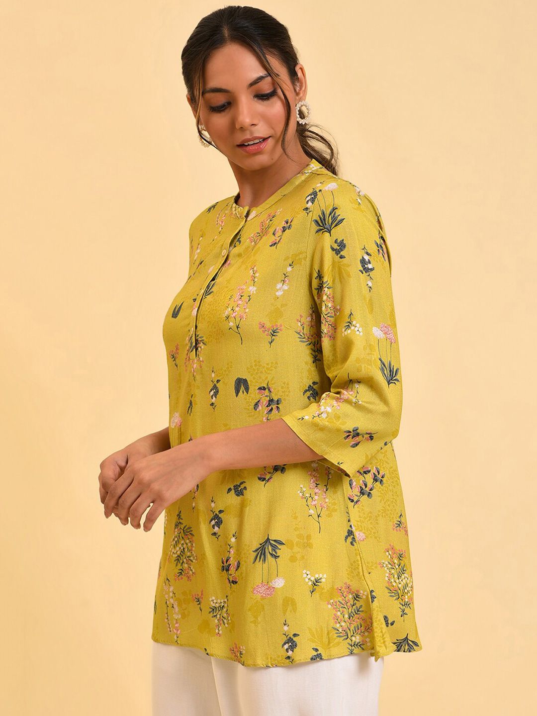 W Yellow Floral Printed Mandarin Collar Top