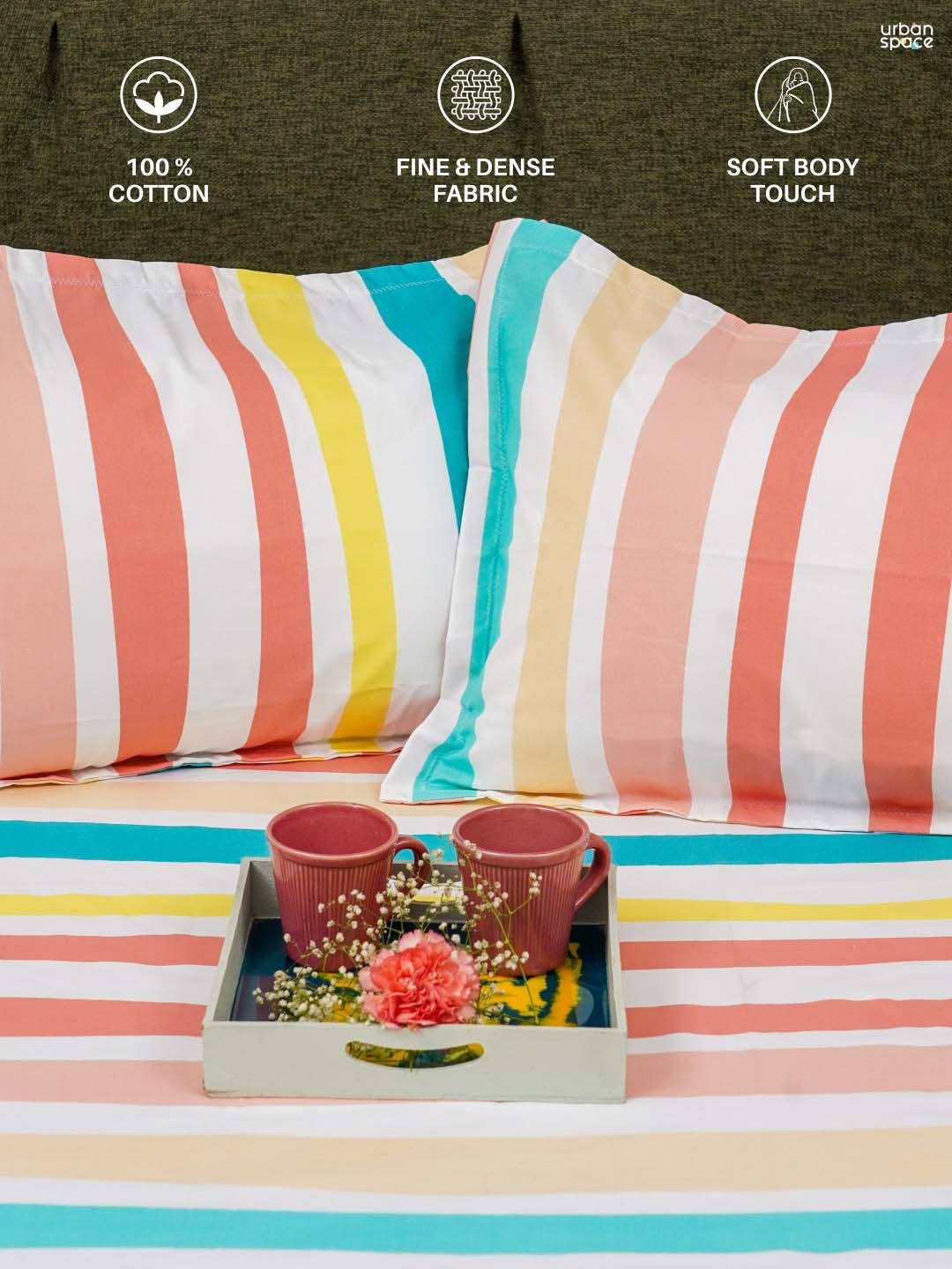 URBAN SPACE Serene White & Pink Pure Cotton 200 TC Single Bedsheet with 1 Pillow Cover
