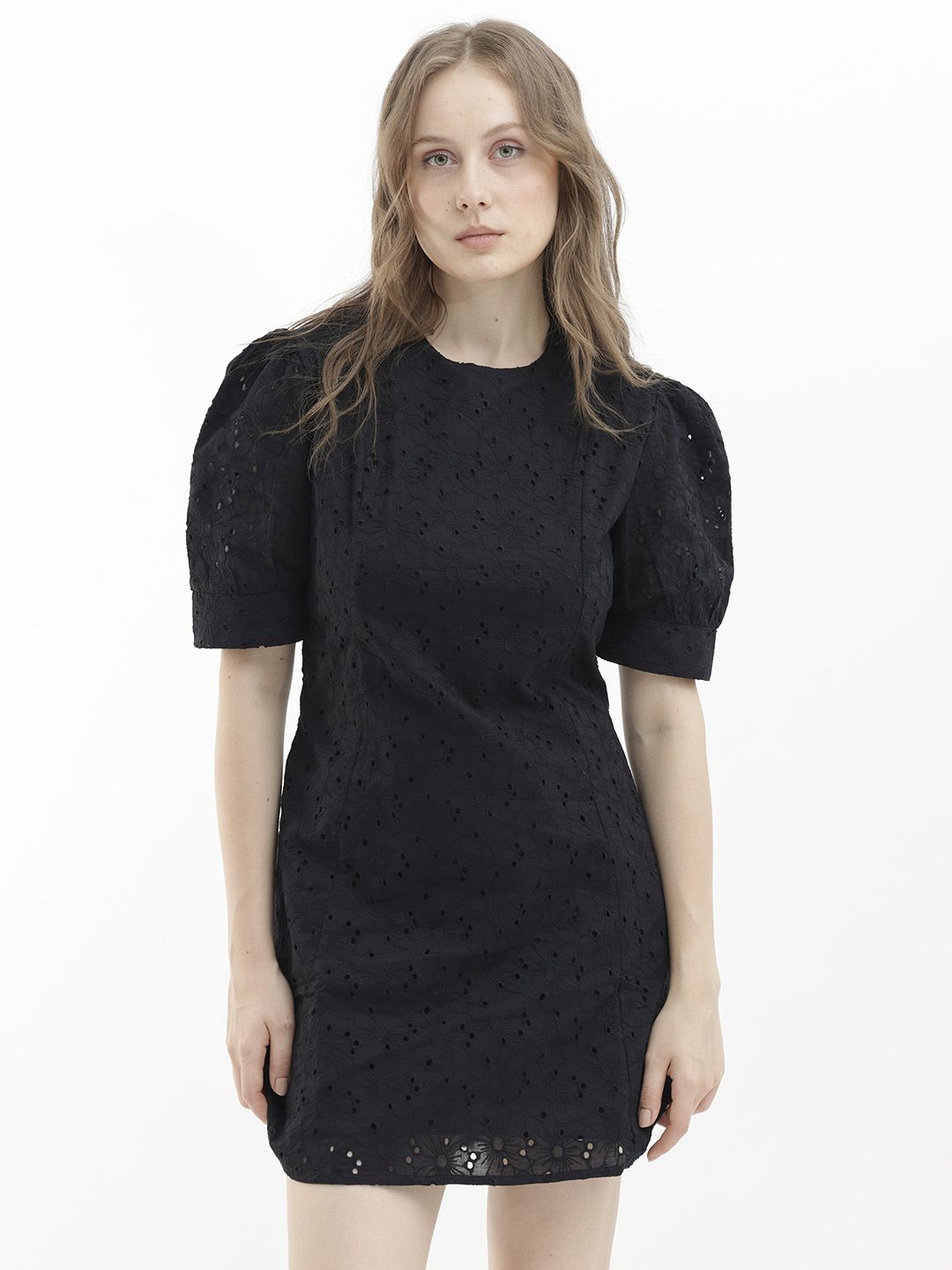 RAREISM Puff Sleeve Cotton Sheath Mini Dress