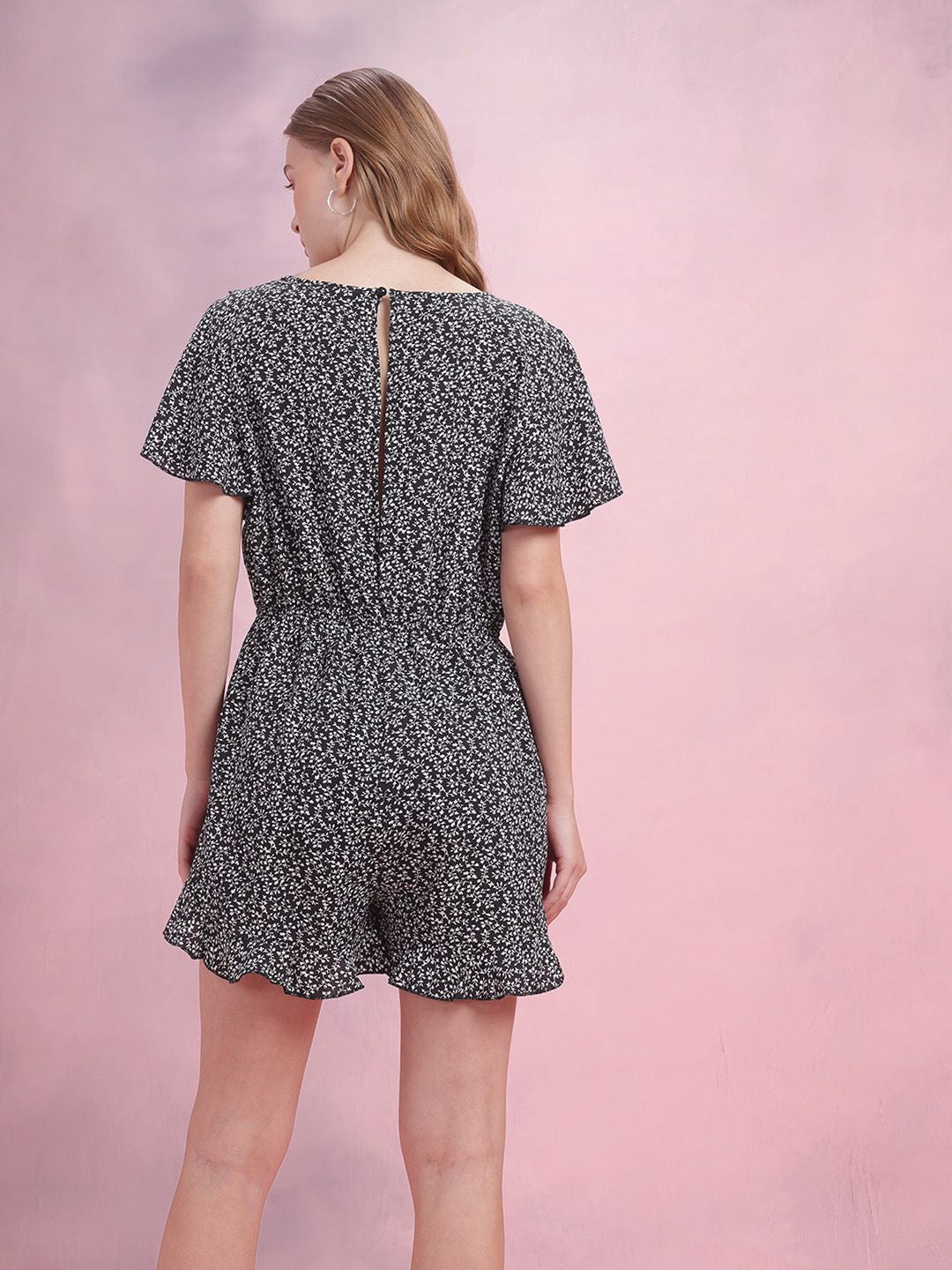 DressBerry Floral Printed Flared Sleeves Playsuit with Ruffled Detail