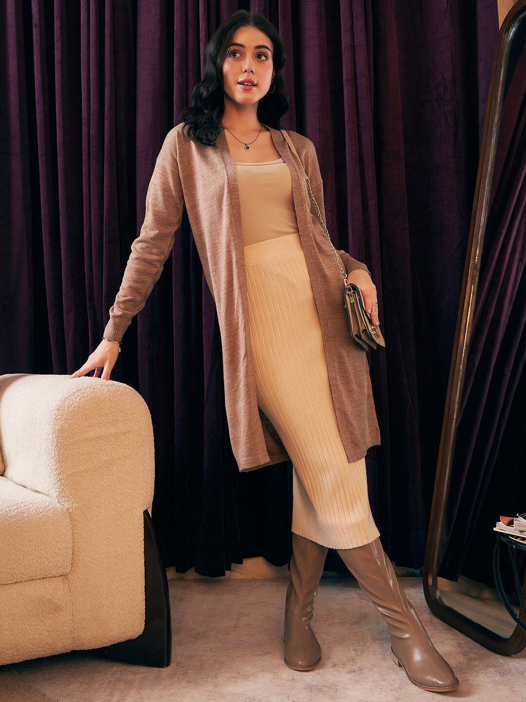 Berrylush Brown Collarless Acrylic Longline Front Open Cardigan Sweater