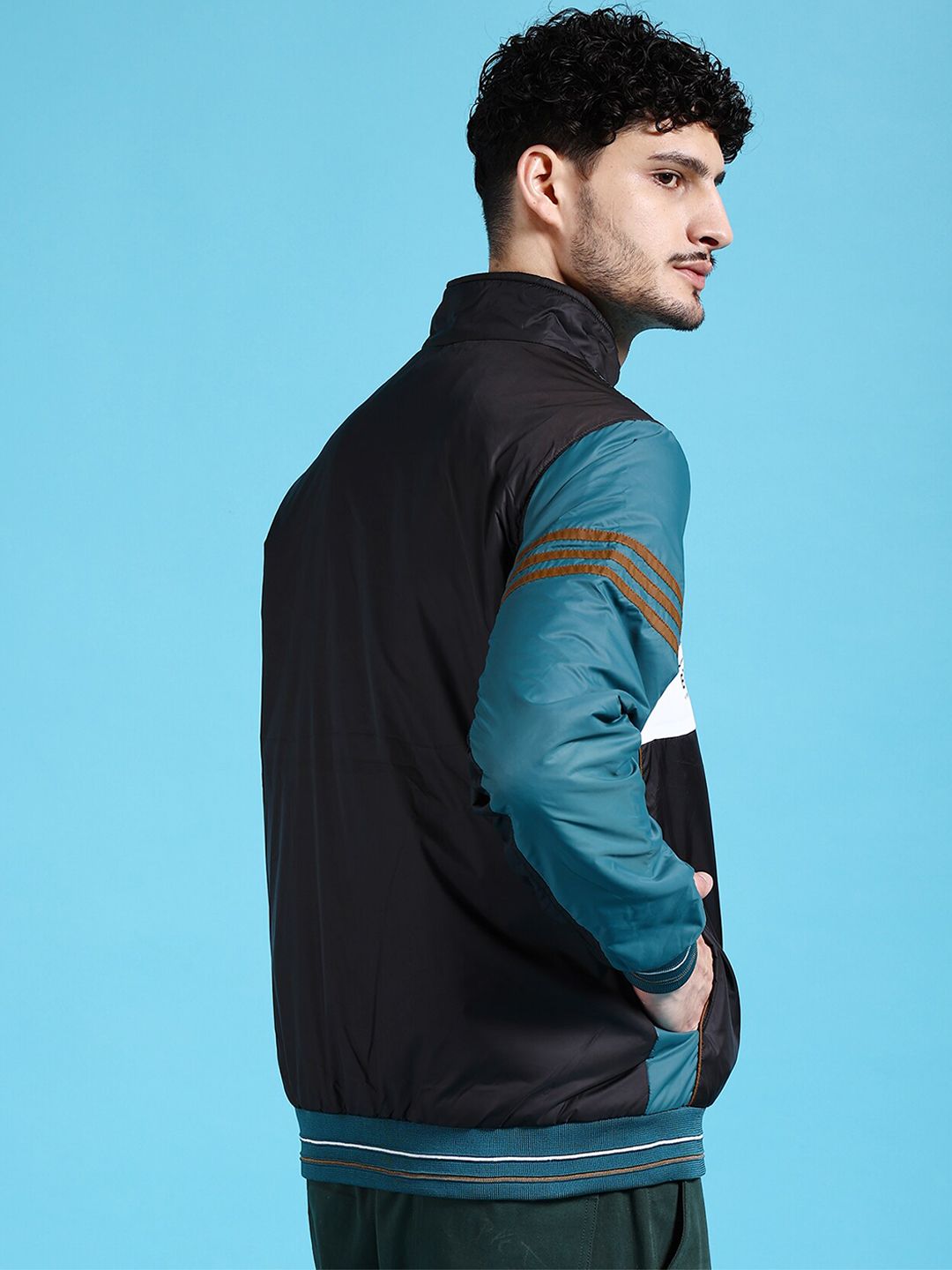 The Indian Garage Co Men Black Longline Outdoor Bomber with Patchwork Jacket