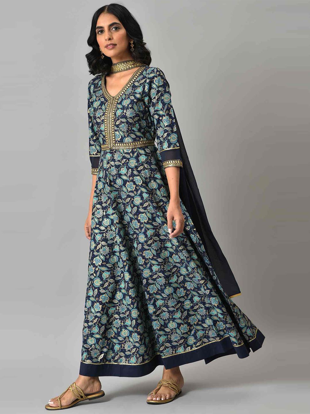 AURELIA Blue Zari Embroidered Floral Printed Choker Maxi Dress