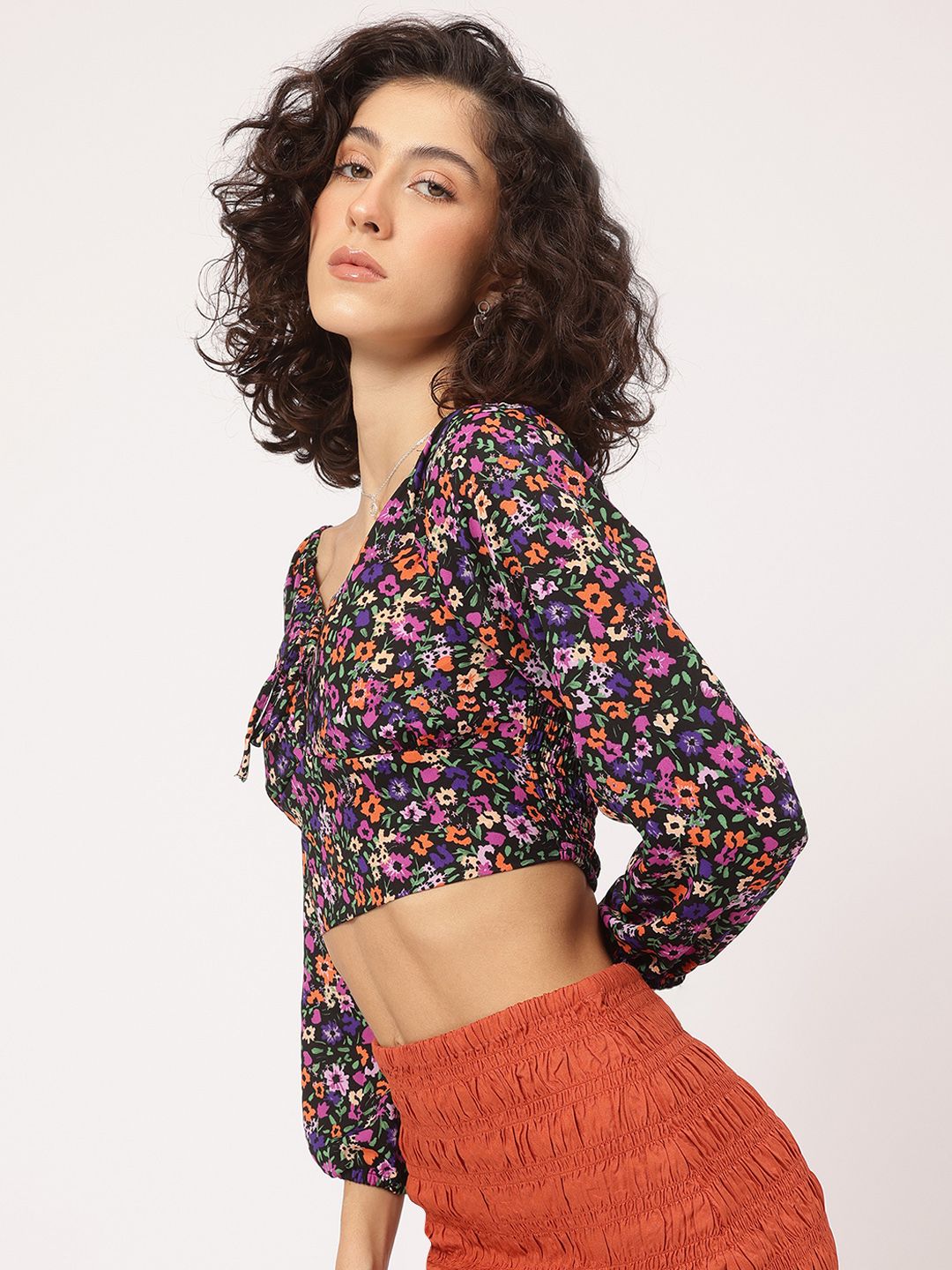 DressBerry Multi Florals Smocked Empire Padded Crop Top