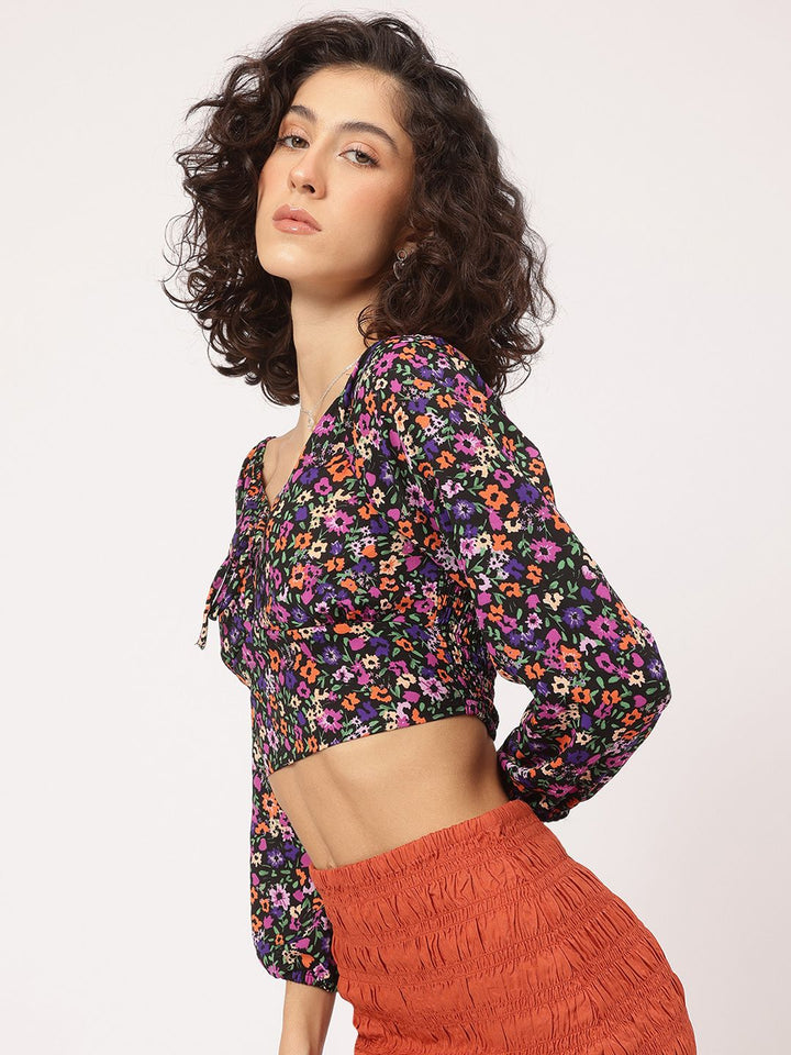 DressBerry Multi Florals Smocked Empire Padded Crop Top