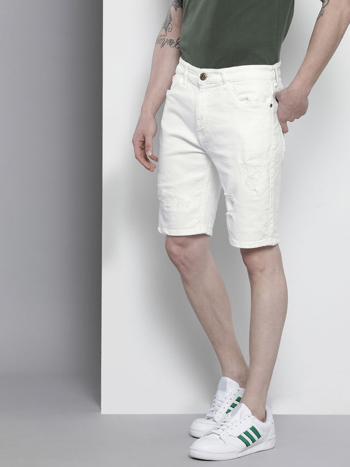 The Indian Garage Co Men White Distressed Slim Fit Shorts
