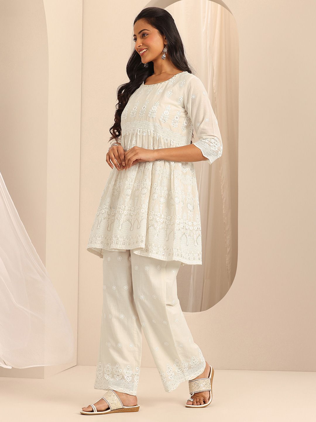Libas Cotton Embroidered Round neck  Tunic Top and Slip on Palazzo