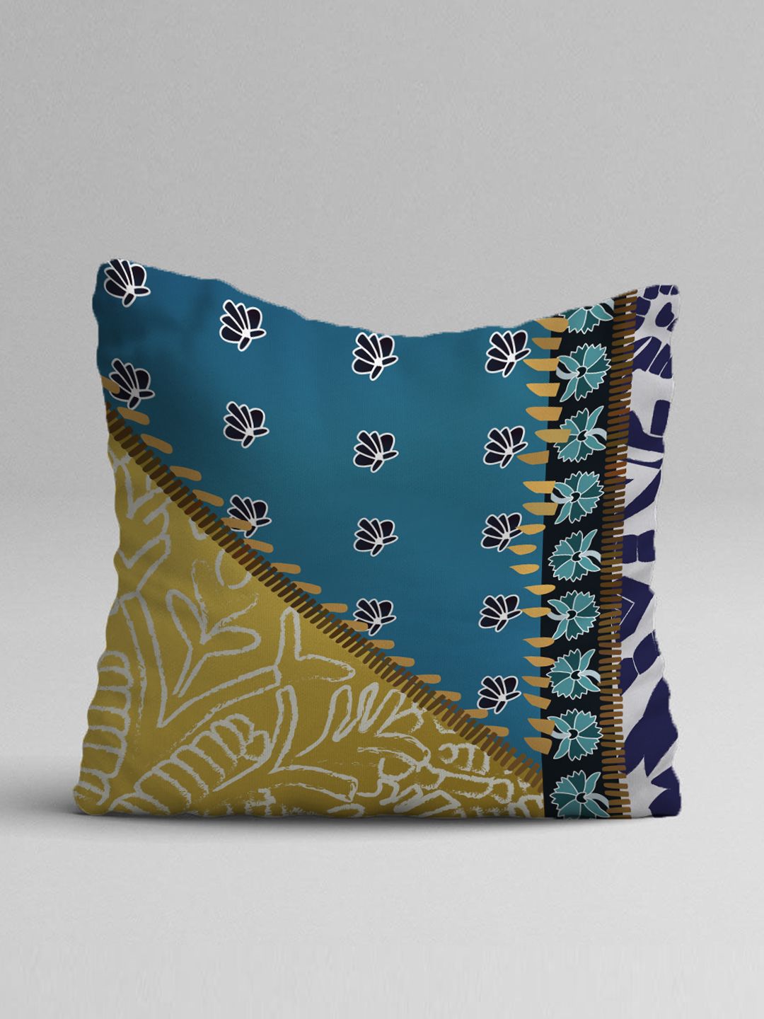STITCHNEST Blue & Mustard Set of 5 Ethnic Motifs Square Cushion Covers