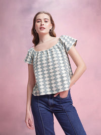 DressBerry Geometric Flutter Sleeve Crochet Boxy Top