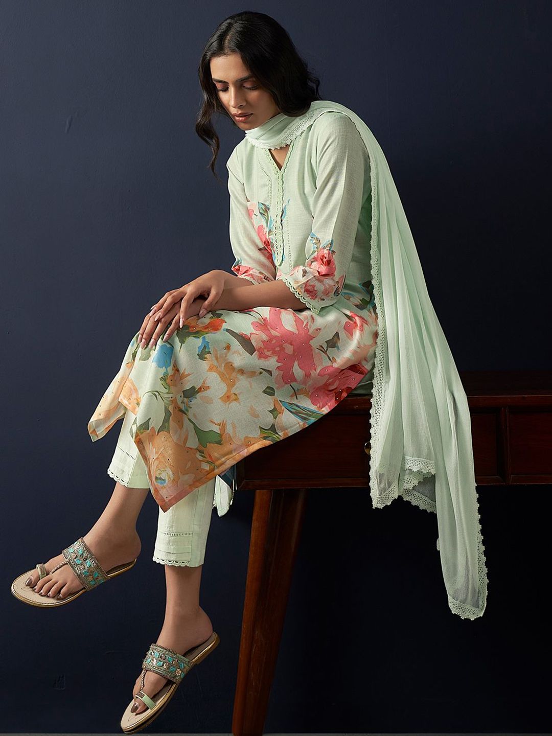 Indo Era Floral Printed Regular Linen Straight Kurta With Trousers & Dupatta