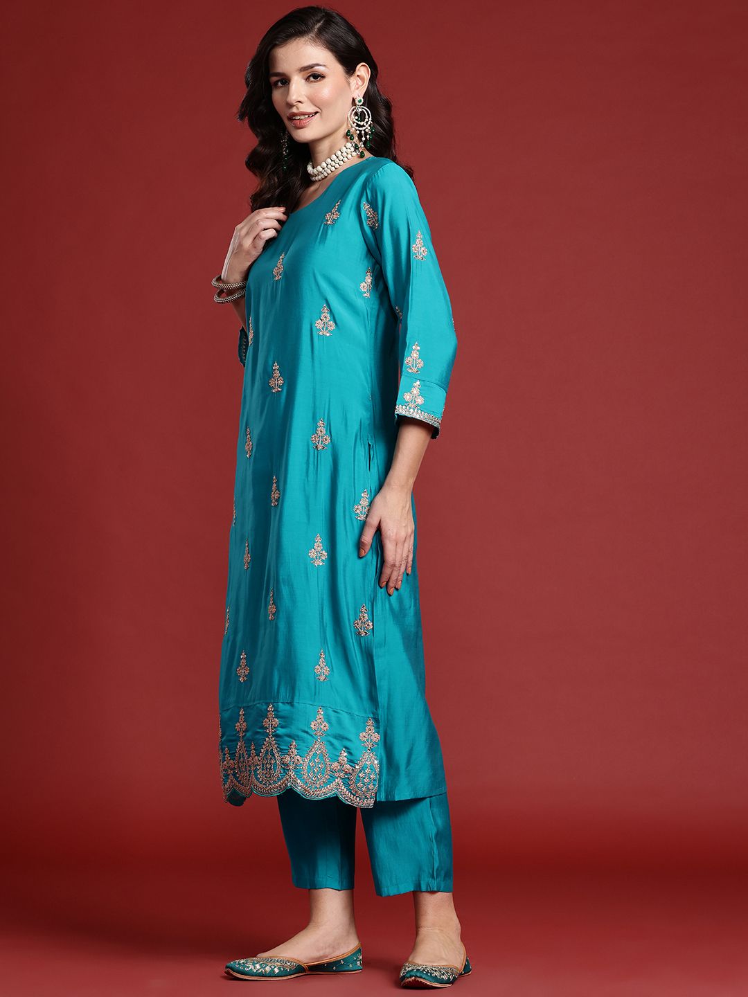 Indo Era Ethnic Motifs Embroidered Sequinned Kurta With Trousers & Dupatta